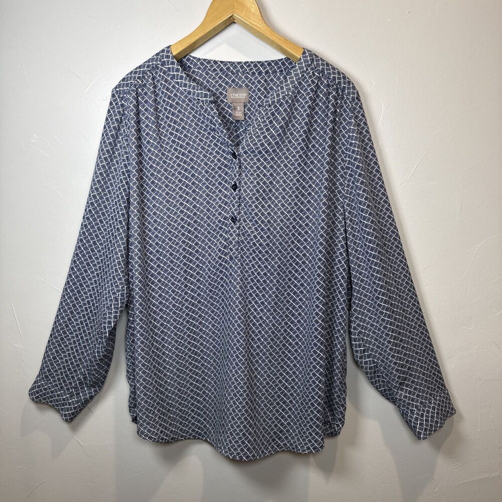 Chico's Blue White Long Sleeve Shirt Size 16-18 (3) Work Office Career